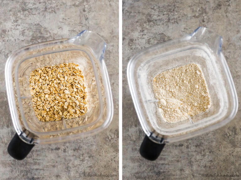 Two images of a blender cup, first with rolled oats inside, second with oat flour.