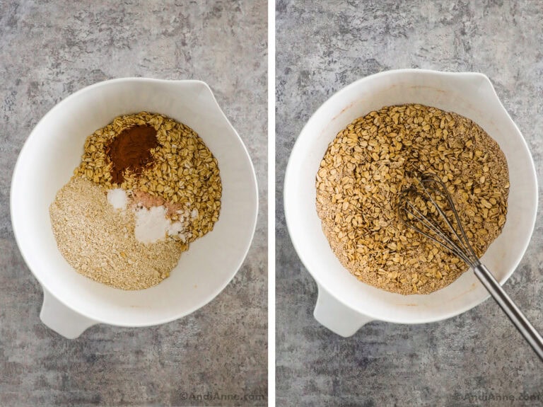 Two images of a white bowl, first with oats, flour, baking powder and cinnamon. Second image is ingredients mixed together.
