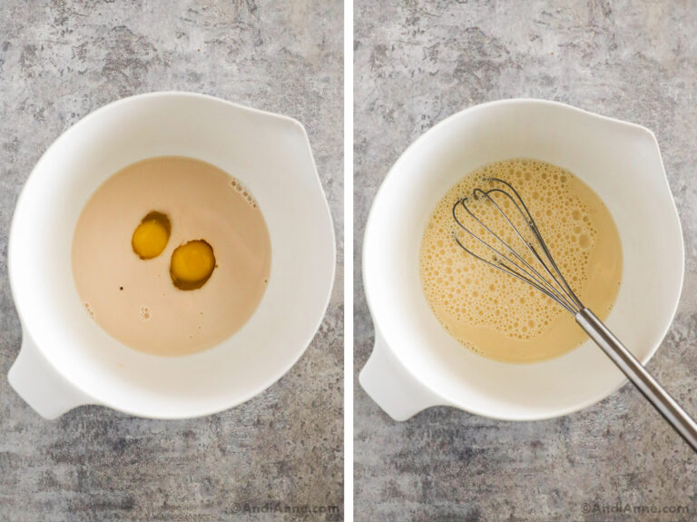 Two images of a white bowl, first is liquid with eggs. Second is liquid with a whisk.