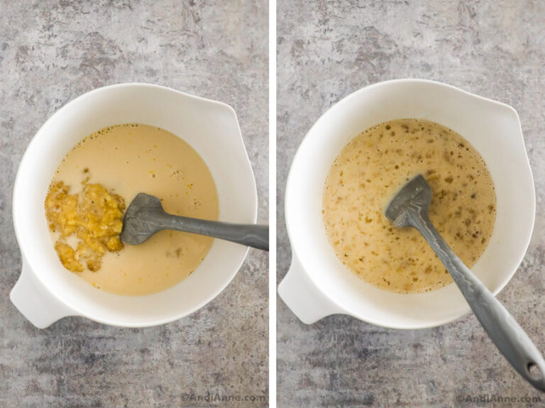 Two images of a white bowl, first is liquid mixture with mashed banana. Second is banana mixed into liquid.