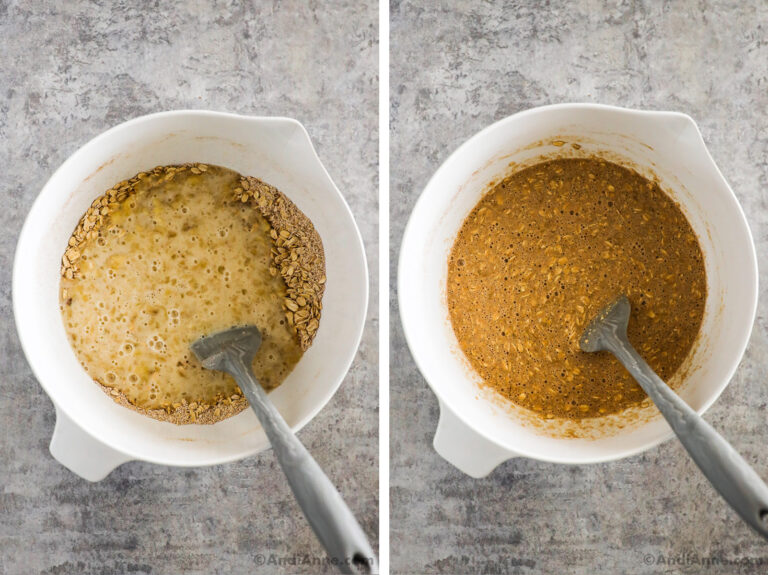 Two images of a white bowl, first with rolled oats dumped over liquid ingredients. Second with muffin batter mixed together.