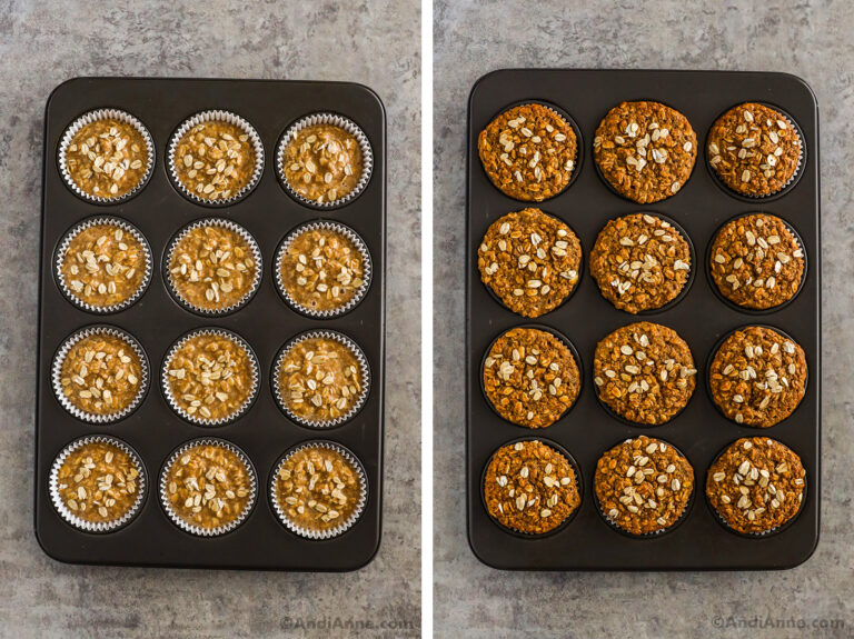Two images of banana oat muffins in a muffin tin, first unbaked second is baked.