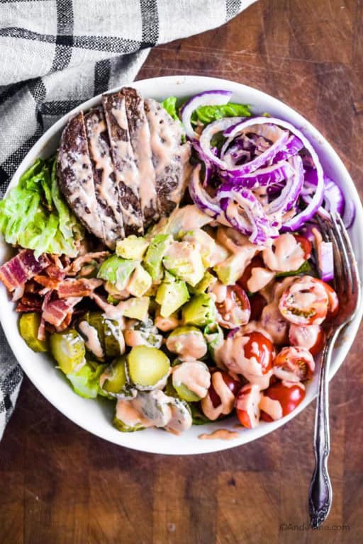 Burger Salad Bowl with Special Sauce Dressing (Low Carb, Keto, Paleo)