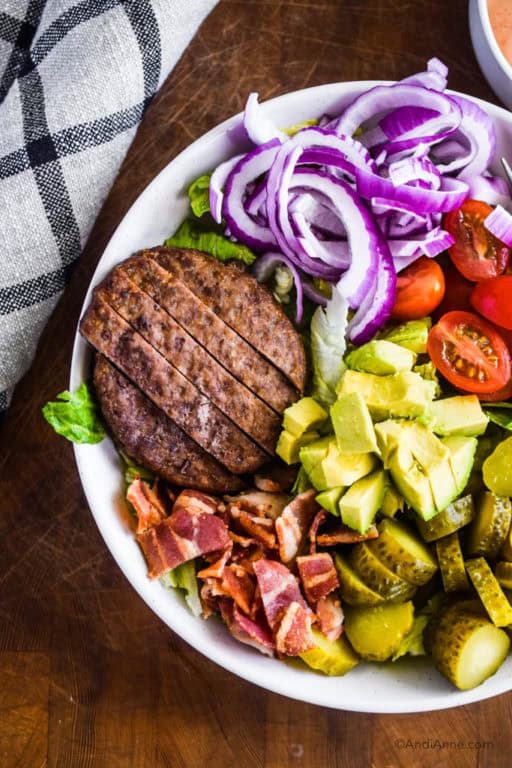 Burger Salad Bowl with Special Sauce Dressing (Low Carb, Keto, Paleo)