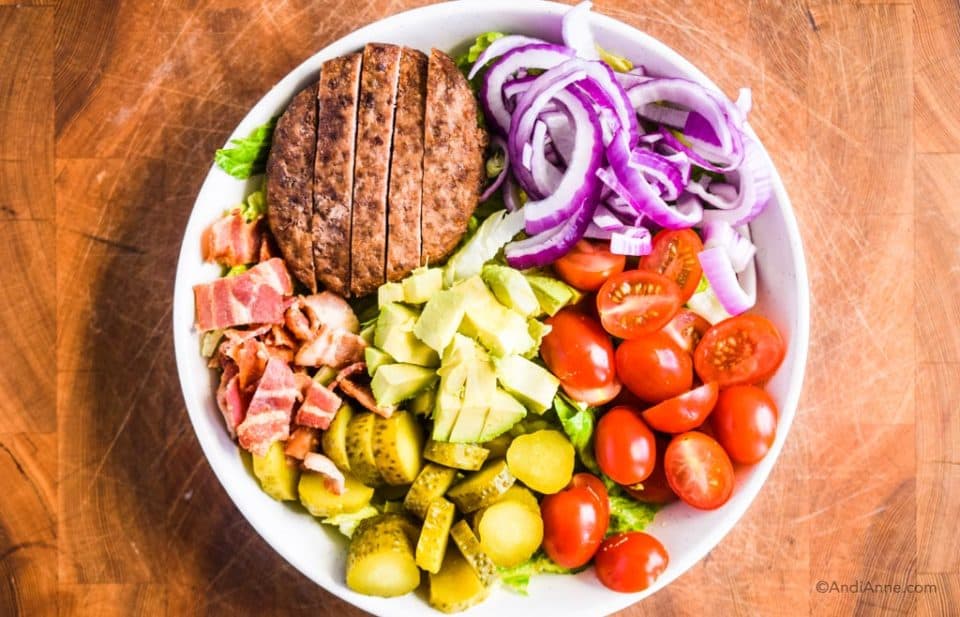 Burger Salad Bowl with Special Sauce Dressing (Low Carb, Keto, Paleo)