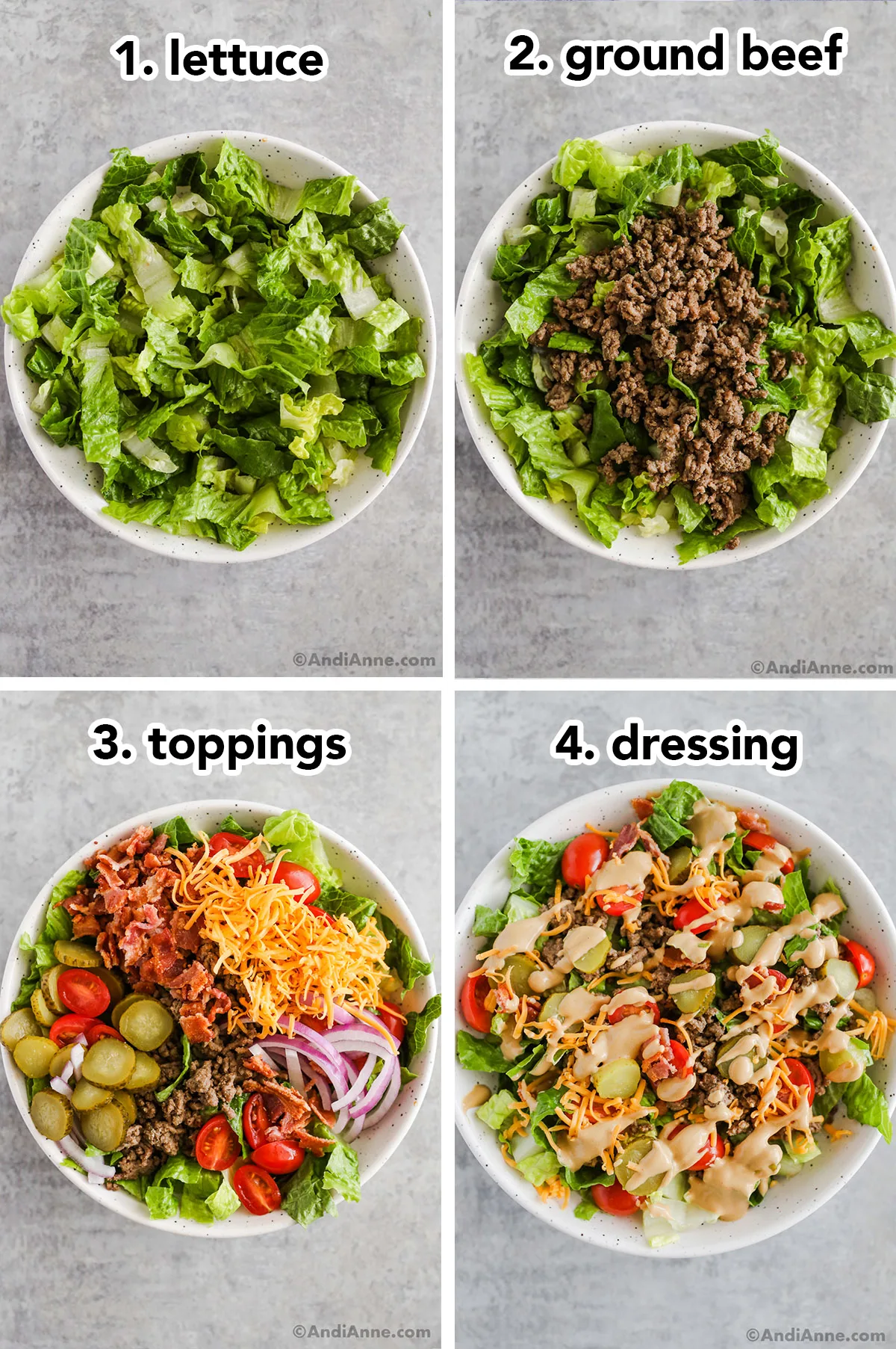 Four images grouped together. First is chopped lettuce, second is ground beef on lettuce. Third is chopped vegetables and shredded cheese grouped on top. Fourth is is salad tossed and drizzled with sauce.