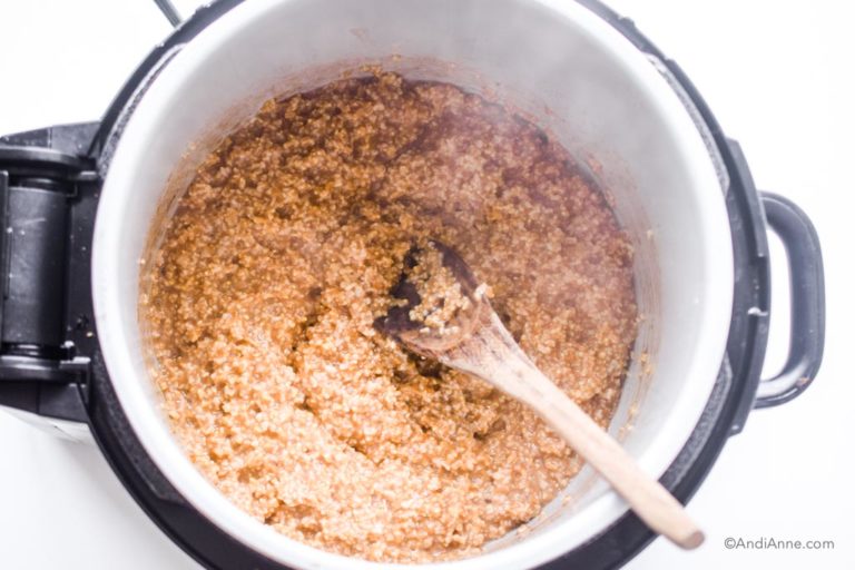 Looking into an instant pot with steel cut oats and a wood spoon.
