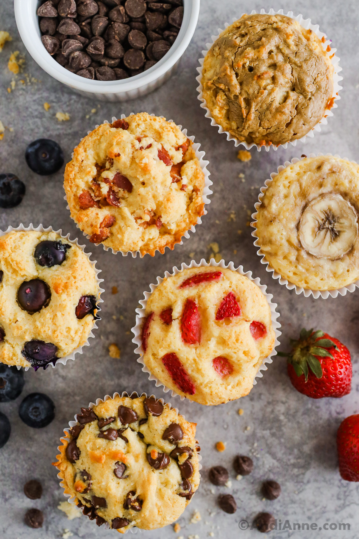 Images of pancake muffins with six different flavor additions including chopped strawberries, blueberries, crumbled bacon and chocolate chips. 