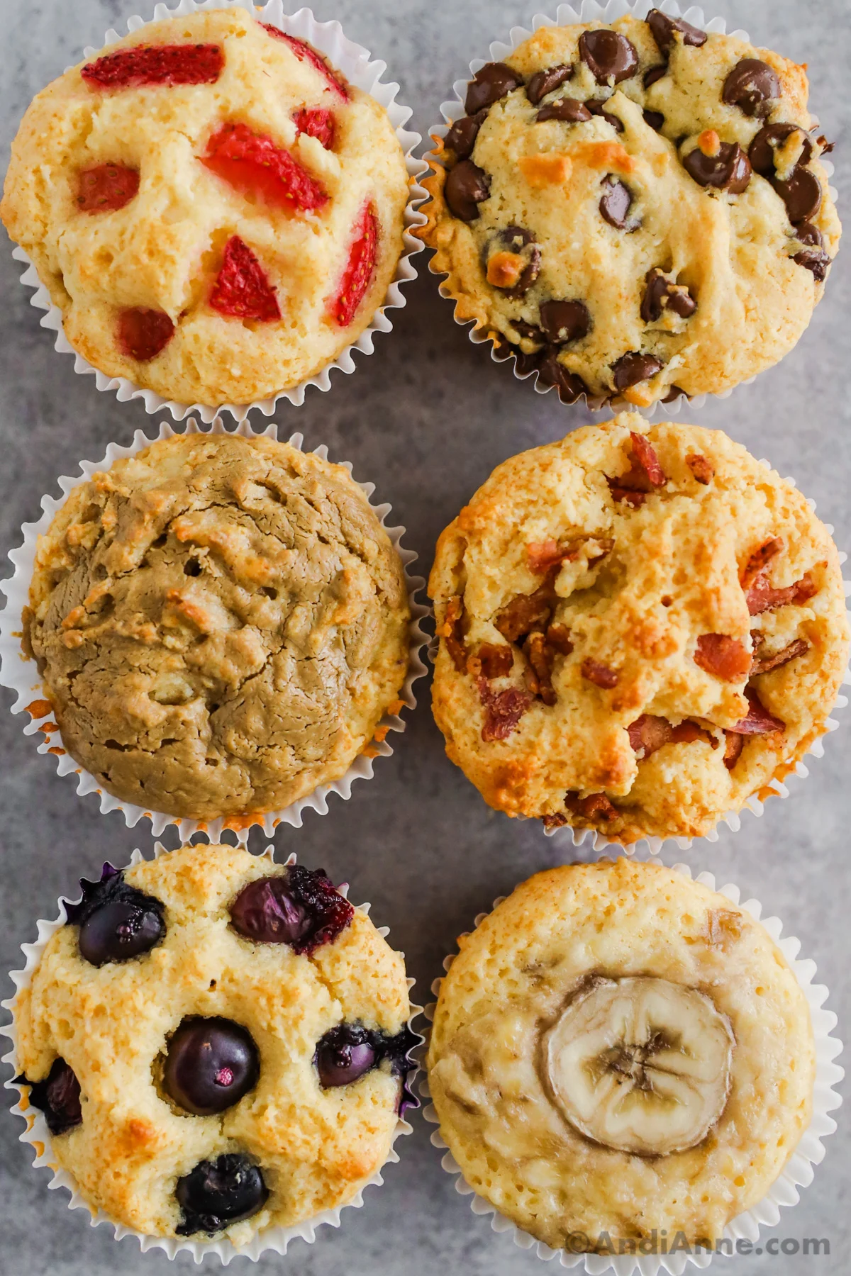 Close up of pancake muffins with six different flavors