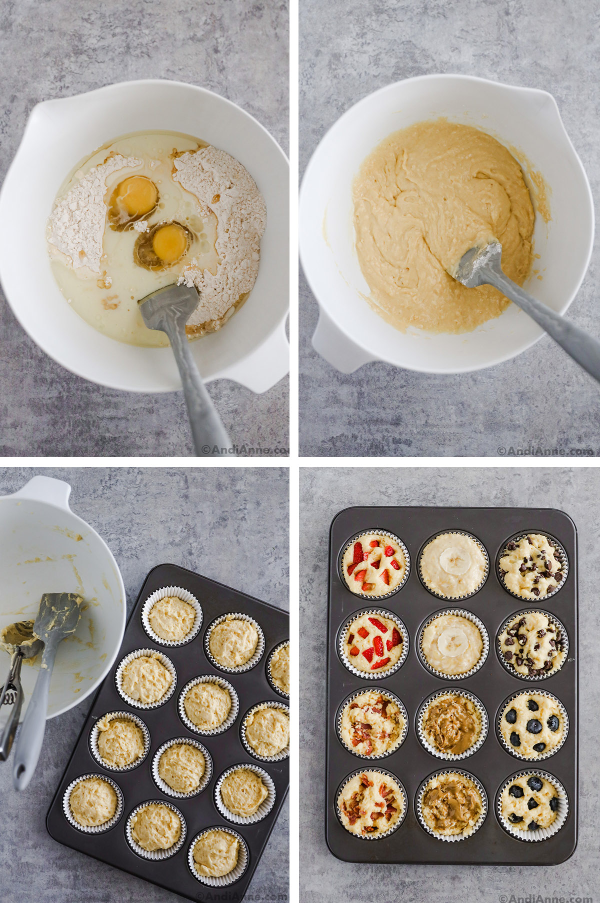 Four images showing steps to make recipe including a white bowl with eggs, milk and oil on top of dry ingredients, the same bowl with batter, a muffin pan with paper liners and pancake batter divided into each one, and various toppings added to each before baking. 