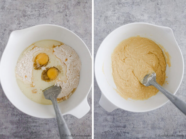 Two images of a white bowl, first is eggs, oil, milk dumped over dry ingredients. Second is a pancake batter.