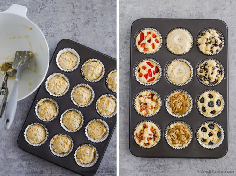Two images of a muffin pan, first is muffin batter and a white bowl with leftover batter. Second is chopped berries, chocolate chips and peanut butter added to separate muffins.