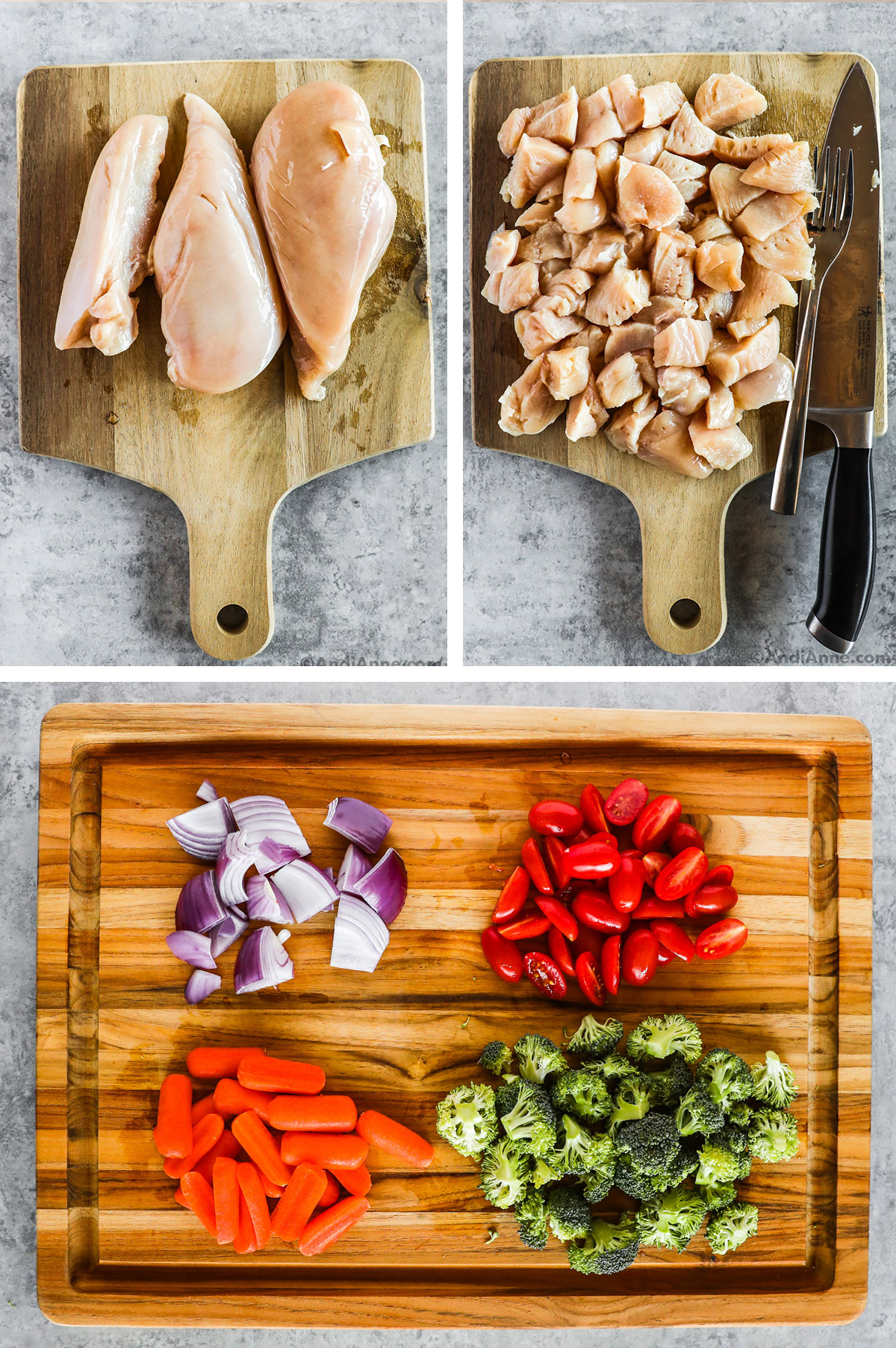 Chicken breasts on a cutting board, then chopped, and chopped onion, tomatoes, carrots and broccoli on a separate cutting board.