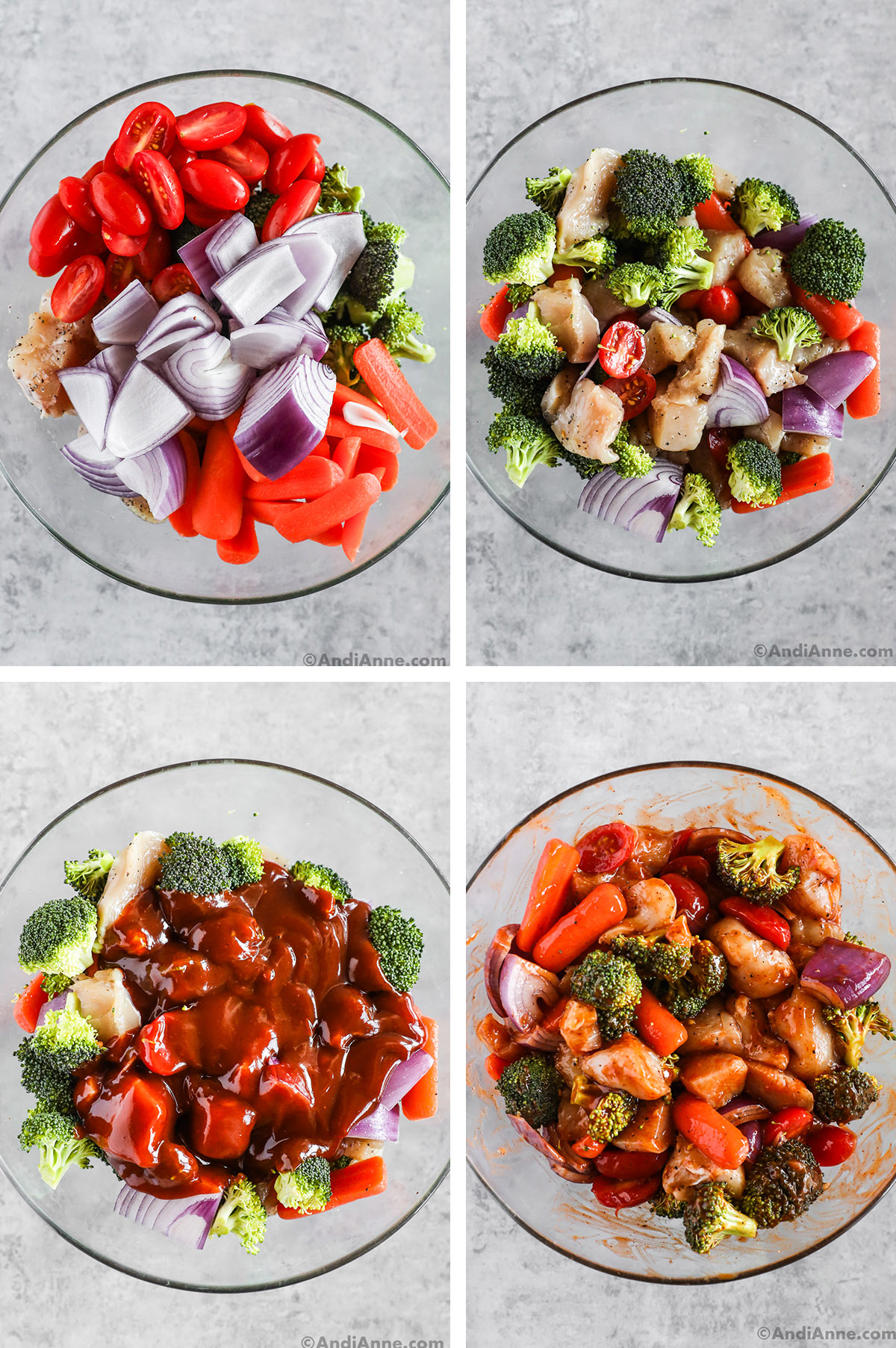 Four images of a clear glass bowl, First is chopped vegetables dumped in. Second is broccoli, tomato, onion and raw chicken mixed together. Third is barbecue sauce poured overtop. Fourth is ingredients mixed together.