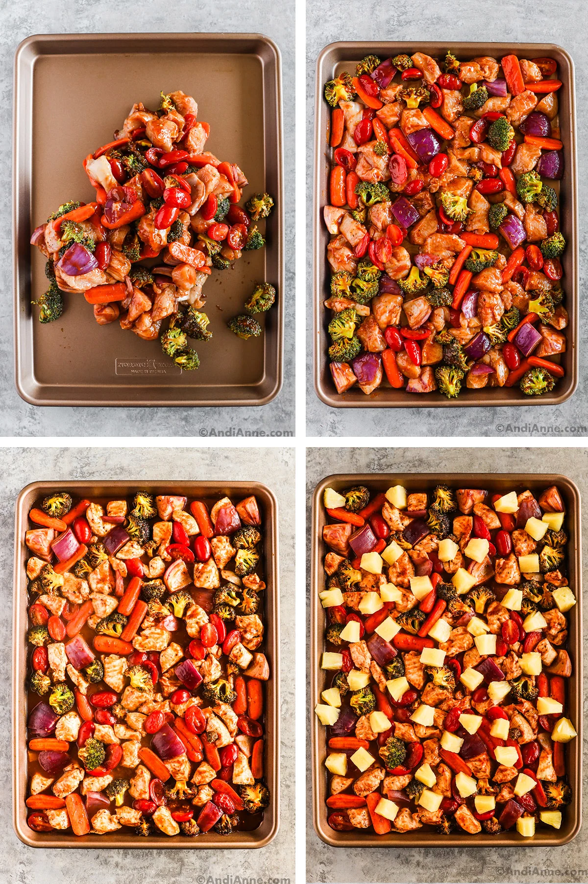 Four images. Sheet pan with various ingredients mixed together dumped on a sheet pan. Second is veggies, and chicken in a single layer on sheet pan. Third is pineapple chicken sheet pan dinner recipe.