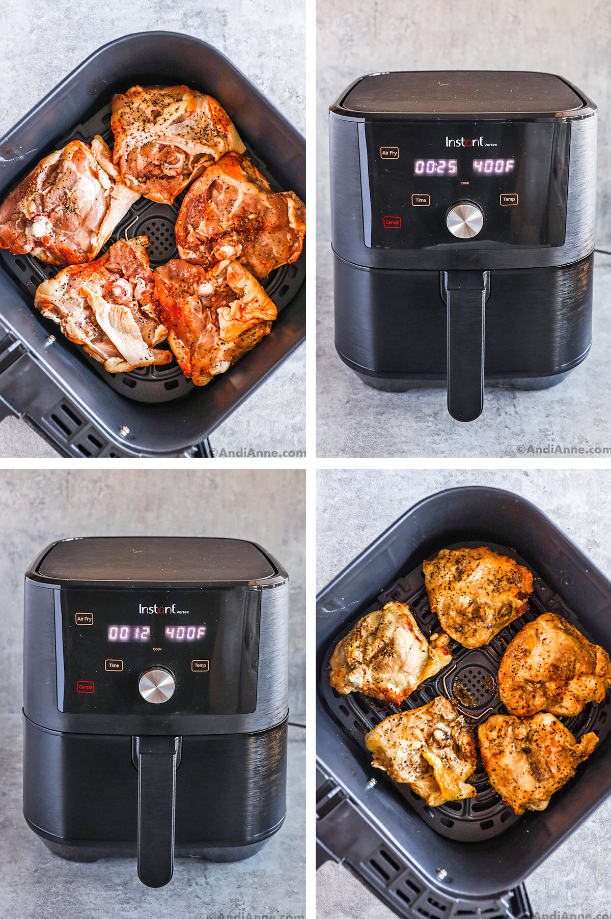 Four images of an air fryer, two are chicken things upside down in the air fryer basket.
