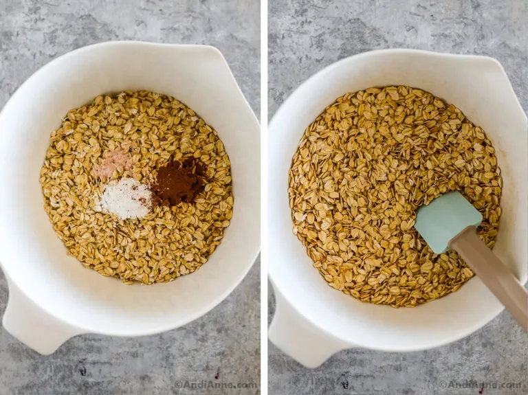 Two images of a white bowl with dry ingredients including oats, first image is unmixed, second is mixed together.