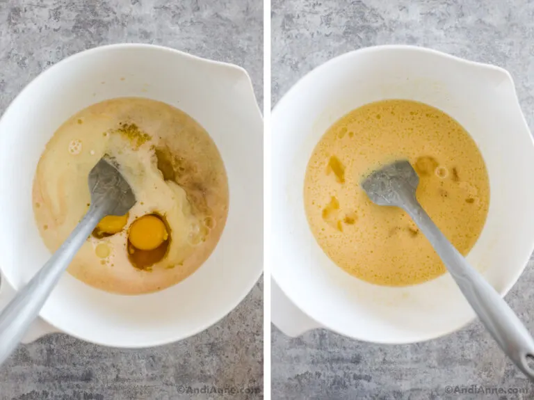 Two images of a white bowl, first is eggs, cinnamon, milk and eggs. Second is ingredients mixed together.