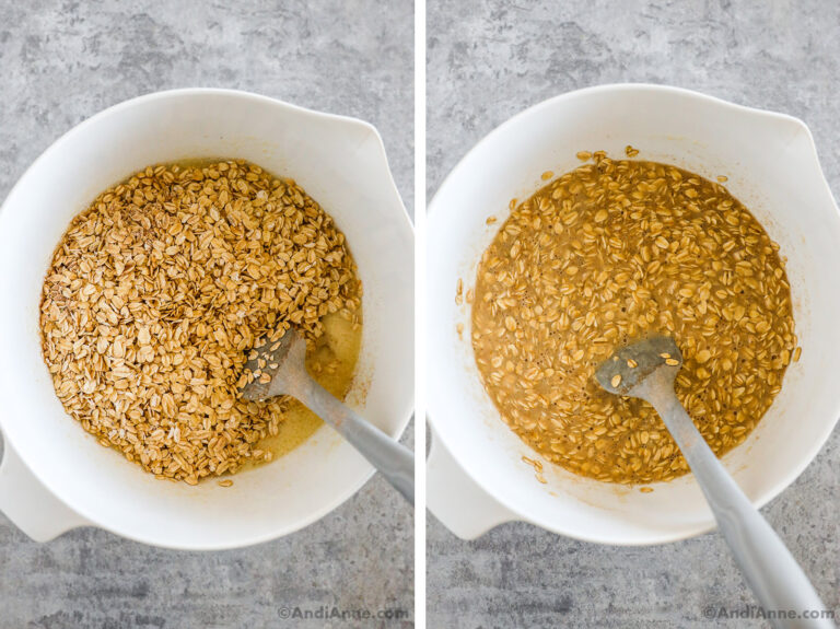 Two images of a white bowl, first is dry oat ingredients dumped on top of wet ingredients, second is oatmeal batter mixed together.
