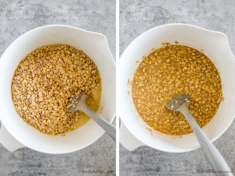 Two images of a white bowl, first is dry oat ingredients dumped on top of wet ingredients, second is oatmeal batter mixed together.