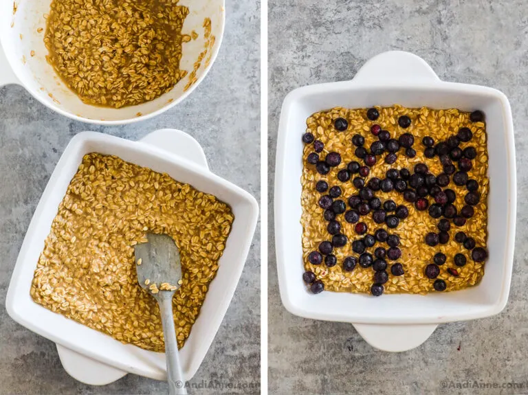 Two images of a white baking dish, first with a layer of oatmeal, second image with blueberries sprinkled on top.