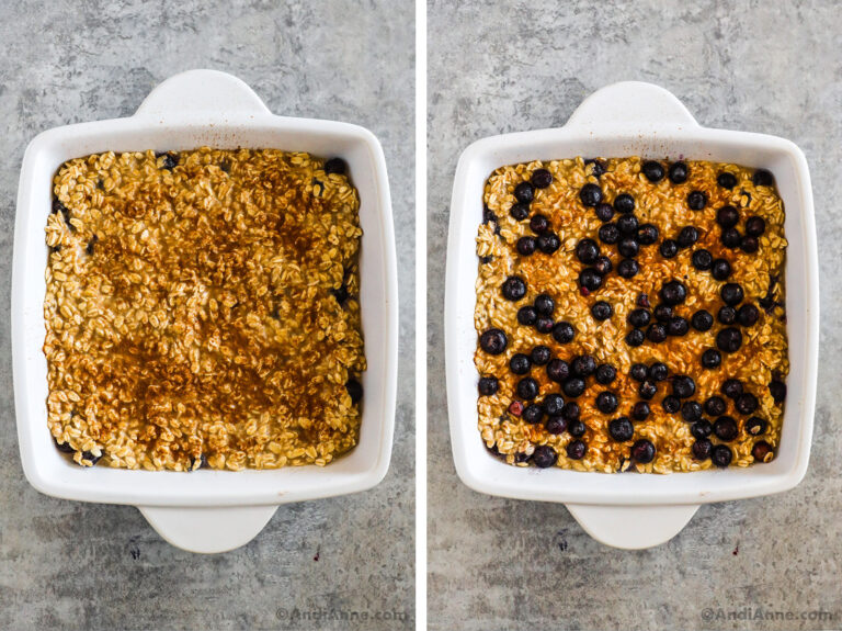 Two images of a square baking dish, first with a layer of oatmeal and cinnamon, second with blueberries sprinkled on top.