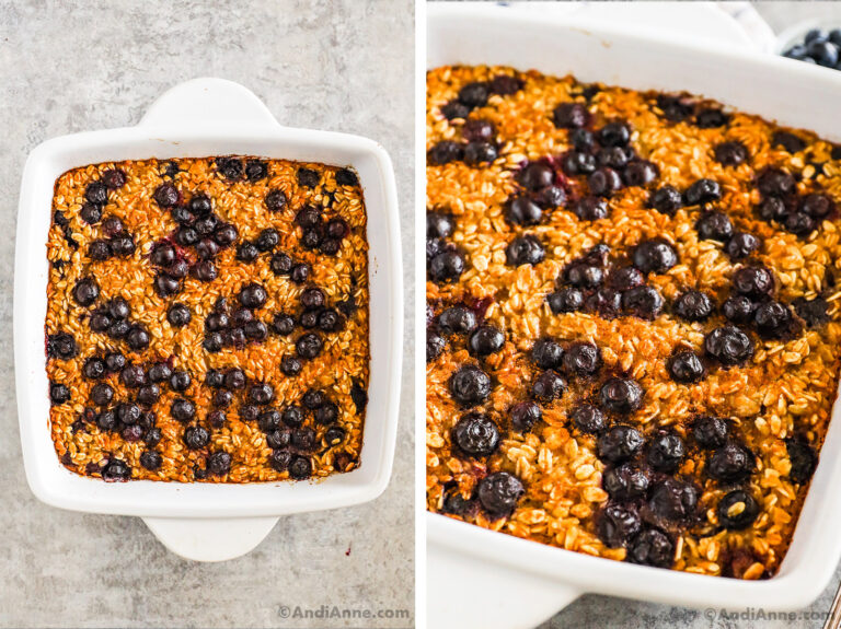 Baked blueberry oatmeal in a white square baking dish.