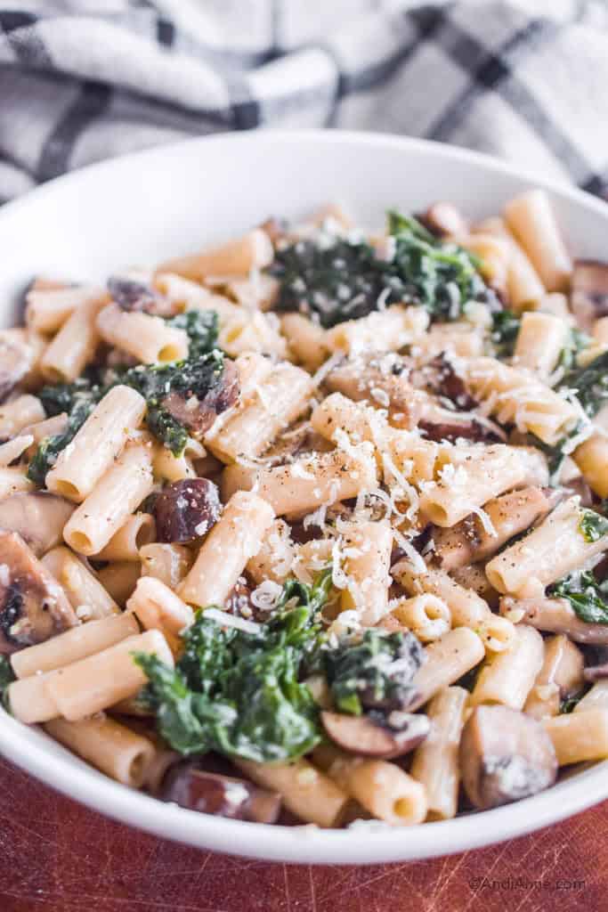 Detail of mushroom kale pasta with freshly grated parmesan cheese.