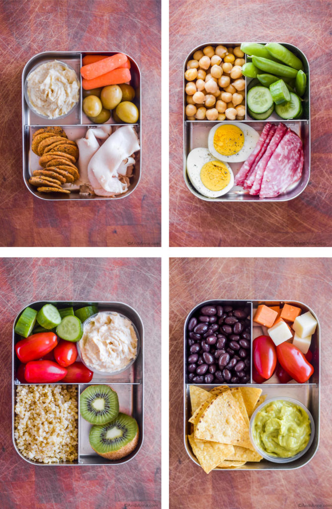 four different bento box lunch styles in a stainless steel container on wood cutting board. Each on with different meat, beans, veggies and fruit.