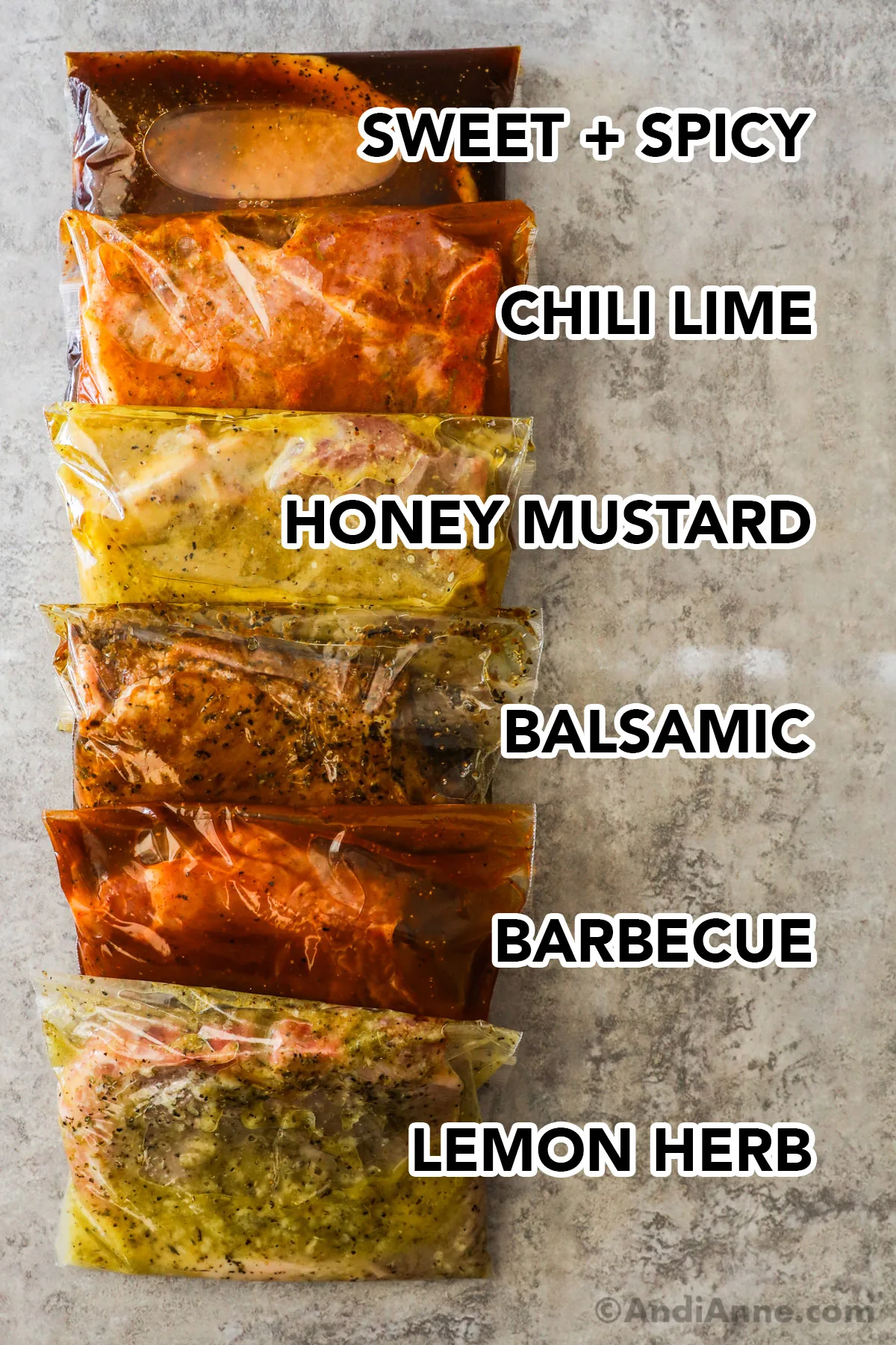 6 different bags with a pork chop and variety of marinades inside each