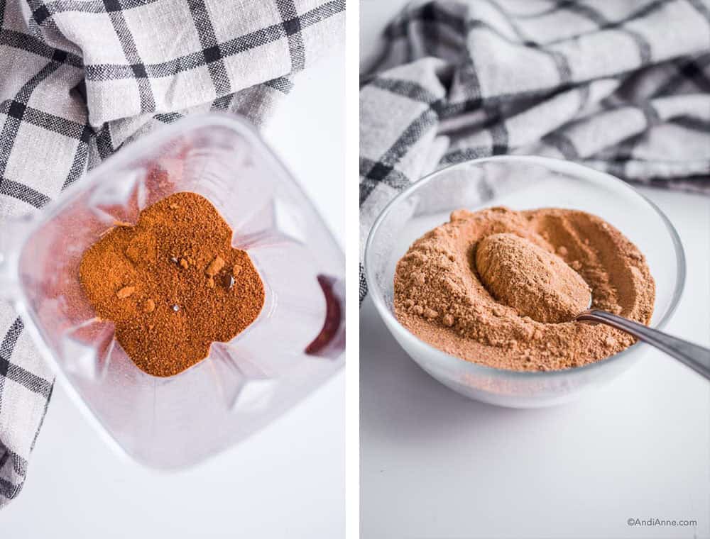 coconut powdered sugar in blender and then in glass bowl with spoon