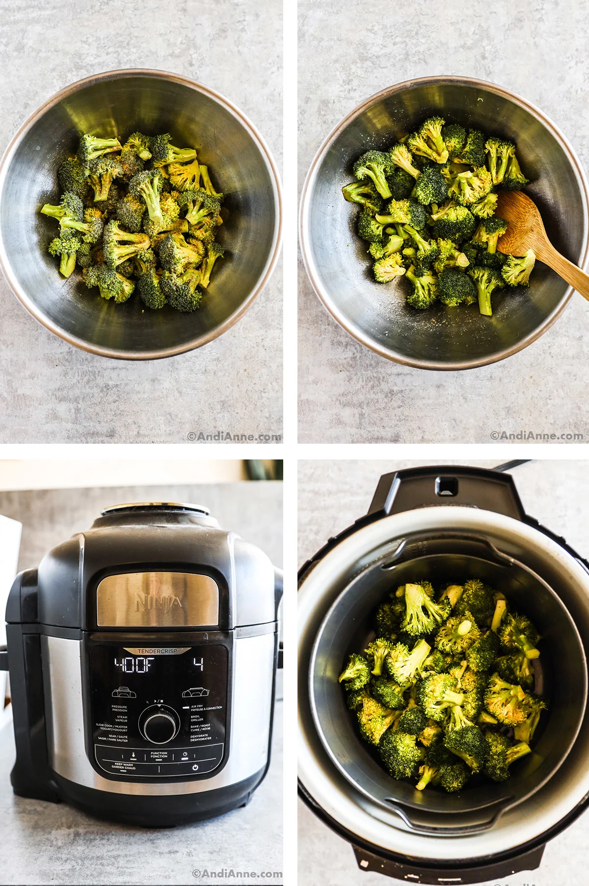 Four images, first is bowl of raw broccoli florets, second is broccoli with spices in a bowl, third is ninja foodi deluxe with 400F temperature, fourth is looking into an air fryer with broccoli florets.