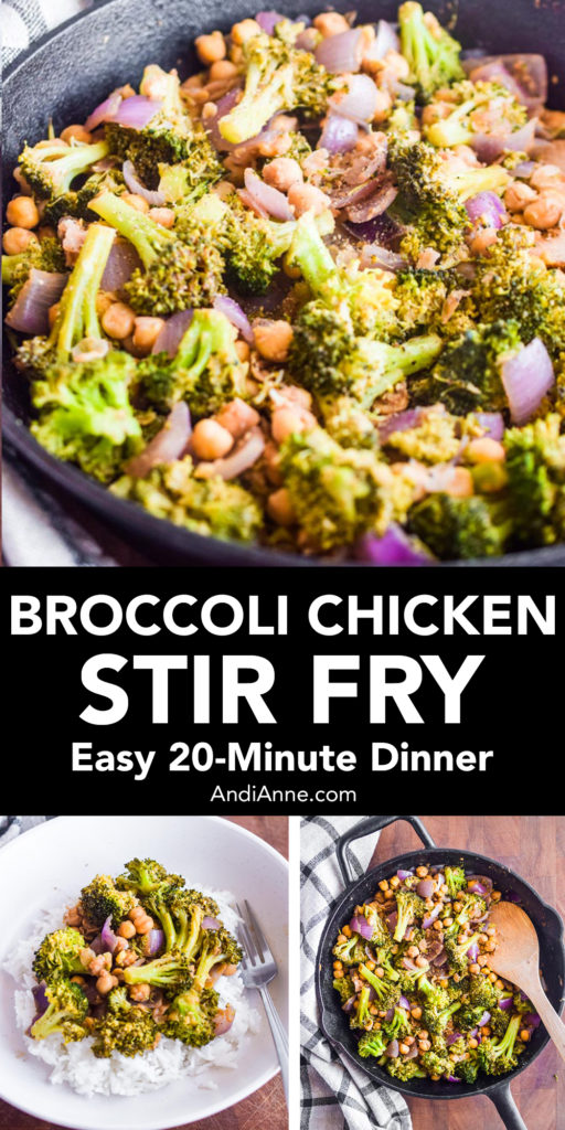 Broccoli chickpea stir fry is an easy vegetarian dinner in under 30 minutes. Made with fresh veggies and spices on a bed of rice. This is the perfect dinner for busy weeknights when you forgot to thaw the meat.