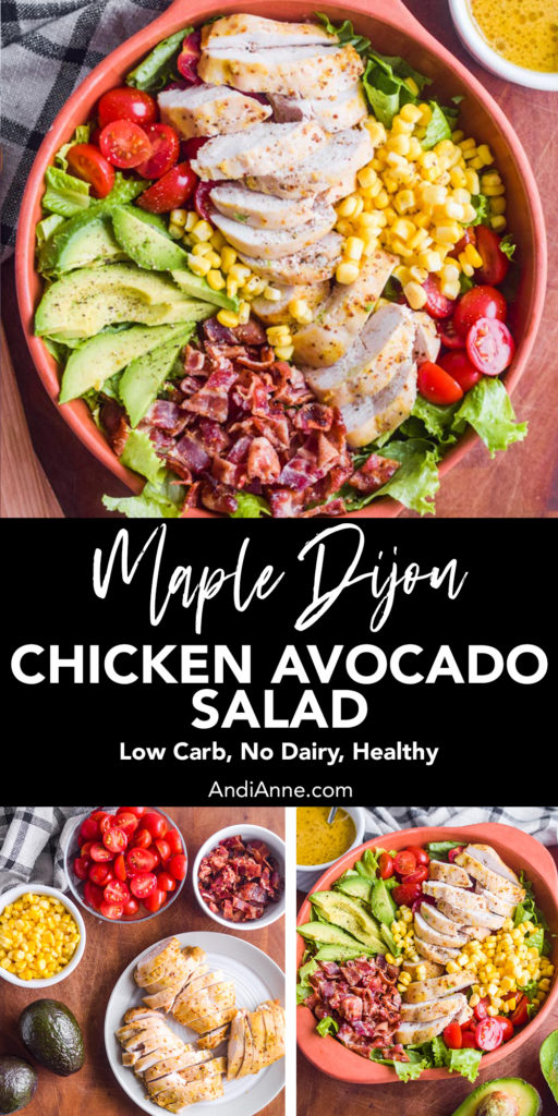 Chicken bacon avocado salad with maple dijon dressing is loaded with delicious ingredients including marinated baked chicken, crispy bacon, lettuce, tomatoes, corn, and avocado. It’s topped with a homemade maple dijon salad dressing. This recipe is a feast for the eyes - serve it on special days when you want a healthy filling salad at the table.
