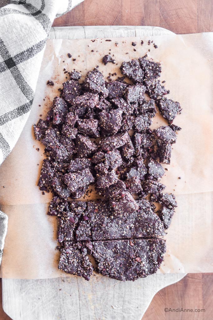 chocolate protein chia bites on parchment paper broken into small pieces