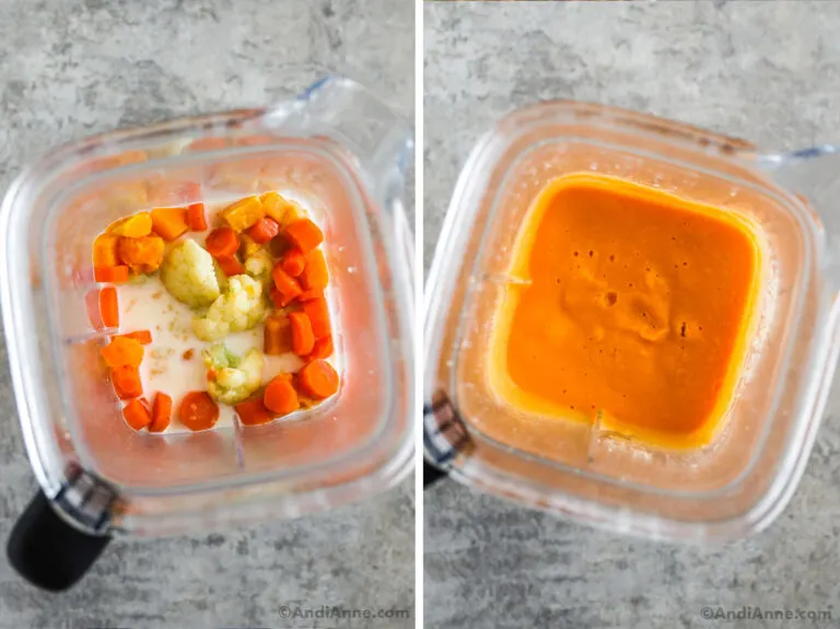 Two images looking into a blender. First with chopped veggies and milk. Second image with a creamy orange pureed sauce.