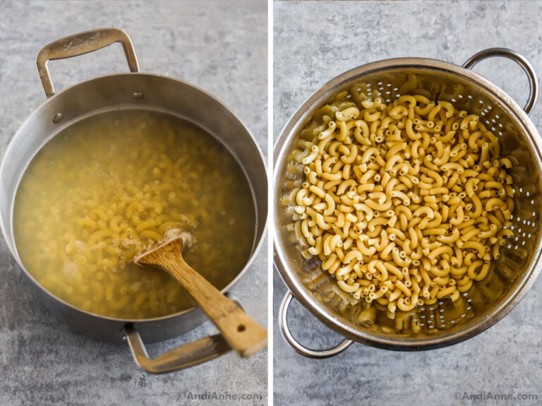 Two images, first is pasta noodles with water in a large pot. Second is pasta in strainer.