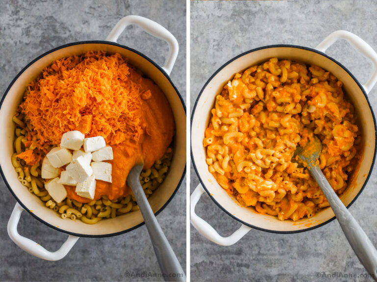 Two images of a pot, first with shredded cheese, cream cheese and pureed vegetables on top of pasta noodles. Second is cooked veggie mac and cheese in the pot.