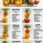 Six healthy mason jar salads including nourish mason jar salad, cobb, rainbow, chicken avocado, apple and cheese, and antioxidant. All with a list of ingredients beside each one.