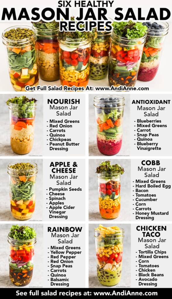 Six healthy mason jar salads including nourish mason jar salad, cobb, rainbow, chicken avocado, apple and cheese, and antioxidant. All with a list of ingredients beside each one.