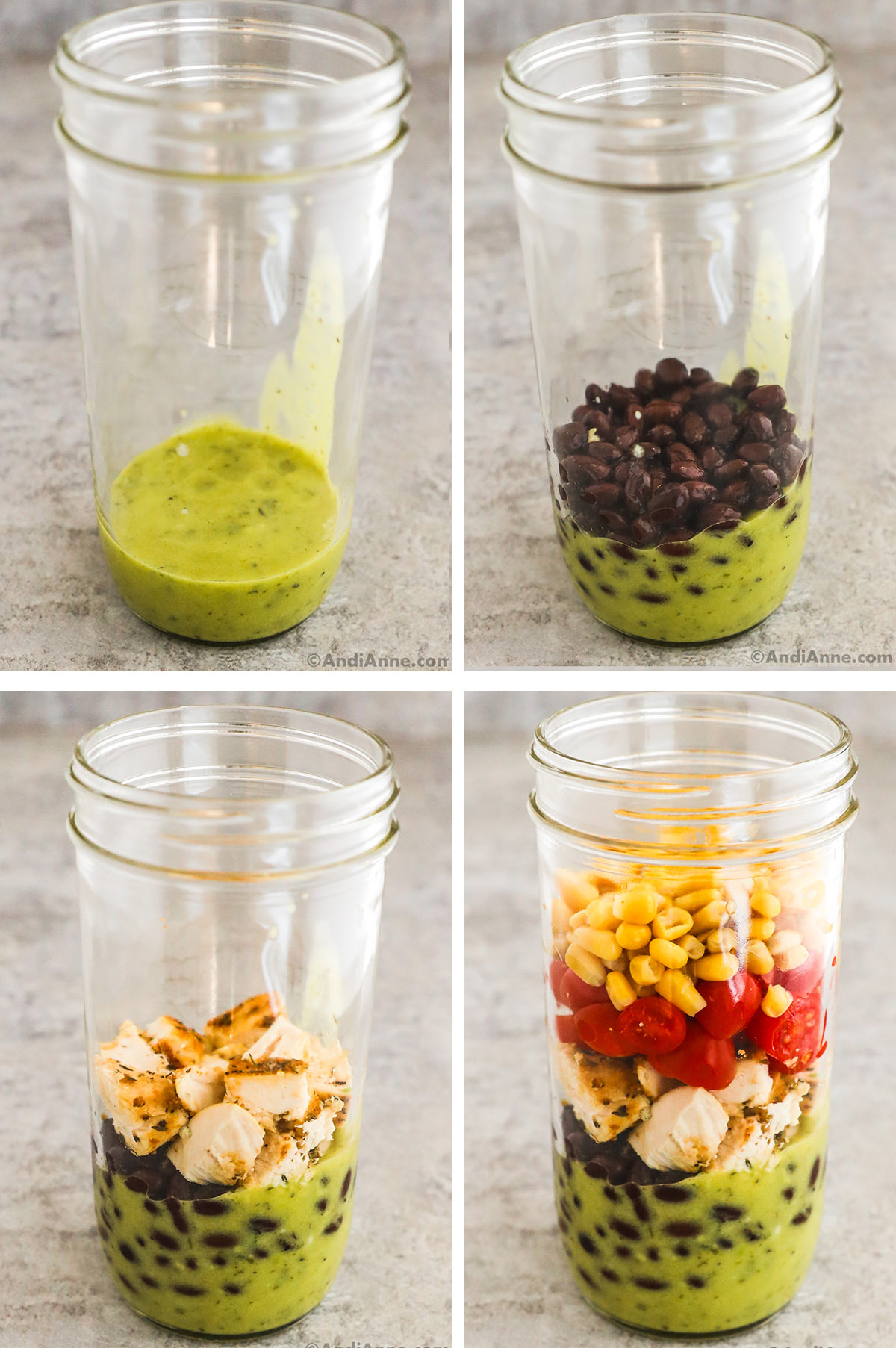 Four images of a mason jar salad in various stages of layering. First image is dressing, second has black beans, third has chicken, fourth has tomatoes and corn added.