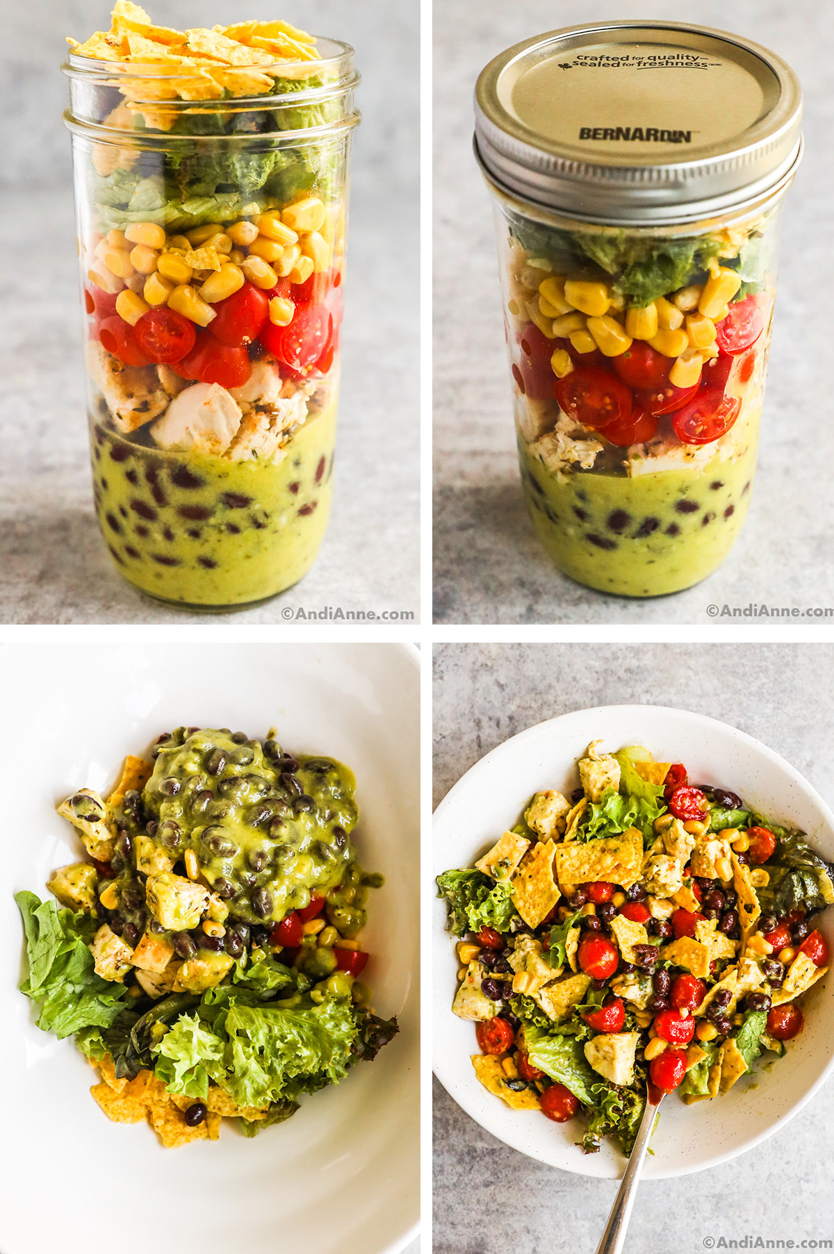 Four images of a mason jar salad, first without a lid, second with a lid, third dumped into a bowl, fourth, tossed together and mixed. 