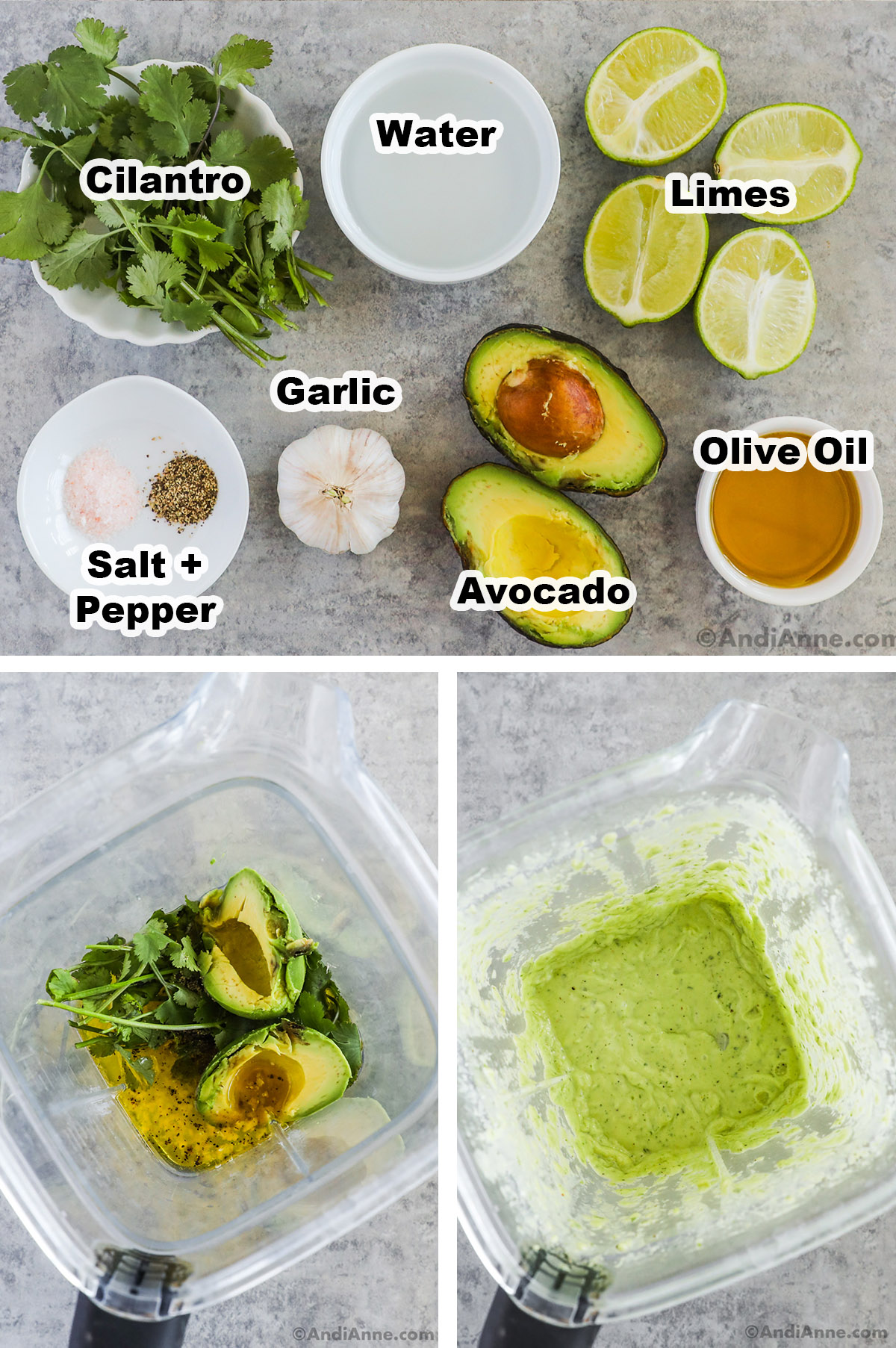 Three images, first is ingredients including fresh cilantro, jar of water, sliced limes, sliced avocado, garlic bulb, bowl of olive oil and salt and pepper. Last two are blender with ingredients dumped in, first unmixed then mixed.
