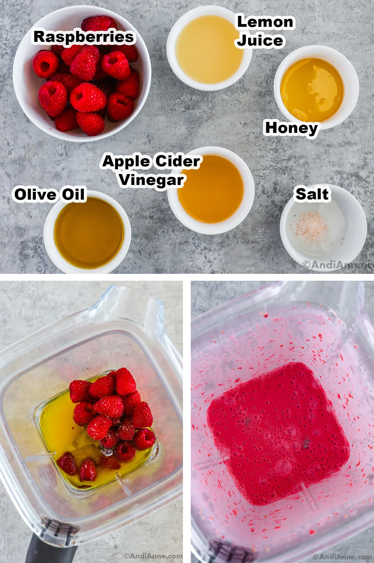 Three images, first is bowl of ingredients including bowls of raspberries, lemon juice, honey, olive oil, apple cider vinegar, and salt. Last two images are a blender, first with all ingredients dumped in, second all blended to a red liquid.