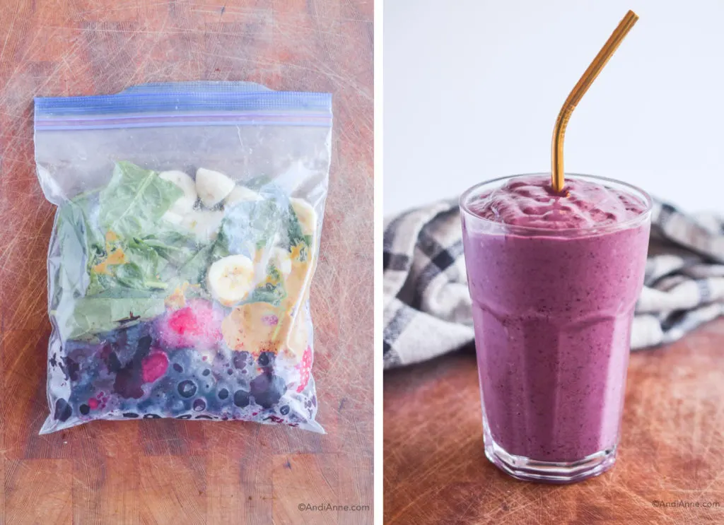 before and after of berry blitz smoothie pack in freezer bag and finished smoothie in a glass with metal straw.
