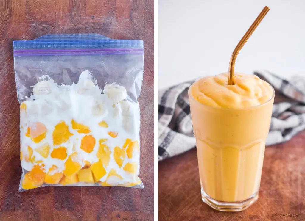 before and after of mango yogurt smoothie pack in freezer bag and finished smoothie in a glass with metal straw.