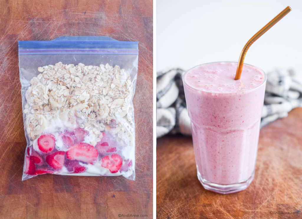 before and after of strawberry oat smoothie pack in freezer bag and finished smoothie in a glass with metal straw.
