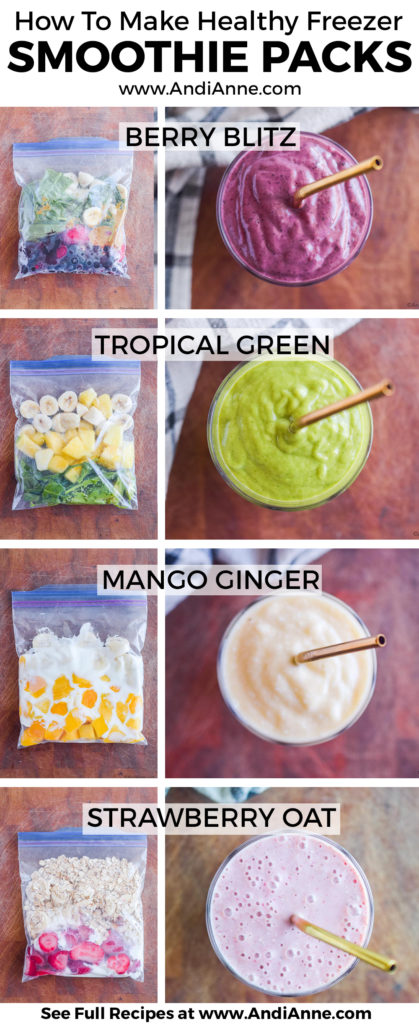 These six healthy smoothie pack recipes are an easy way to meal prep your smoothies for busy mornings. Easy, affordable and healthy.