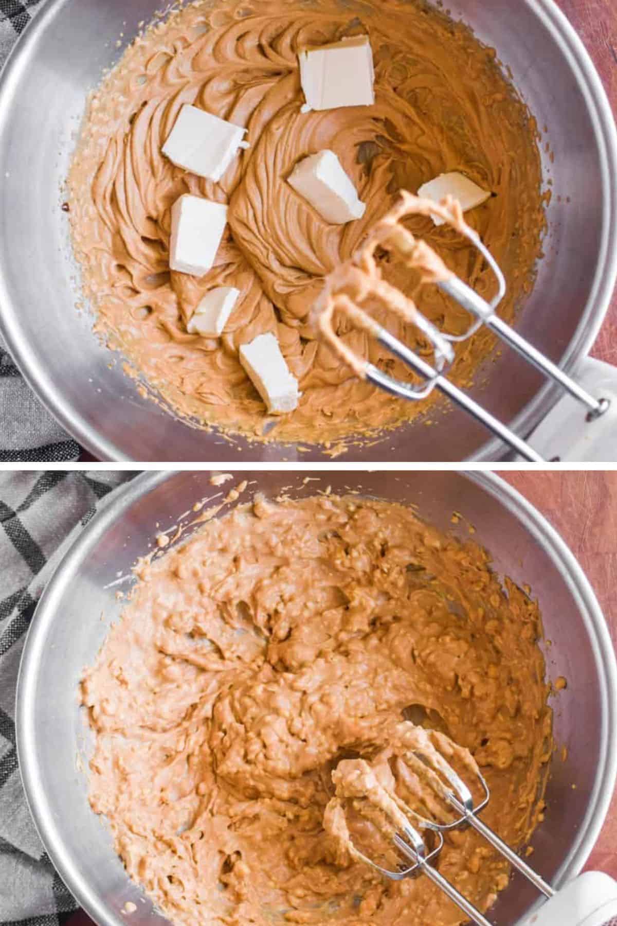 two images of cream cheese frosting in various stages of mixing
