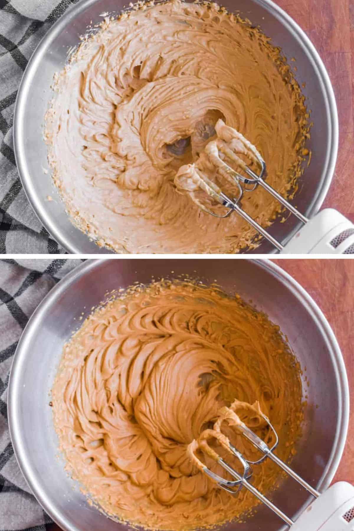 two images of cream cheese frosting in various stages of mixing
